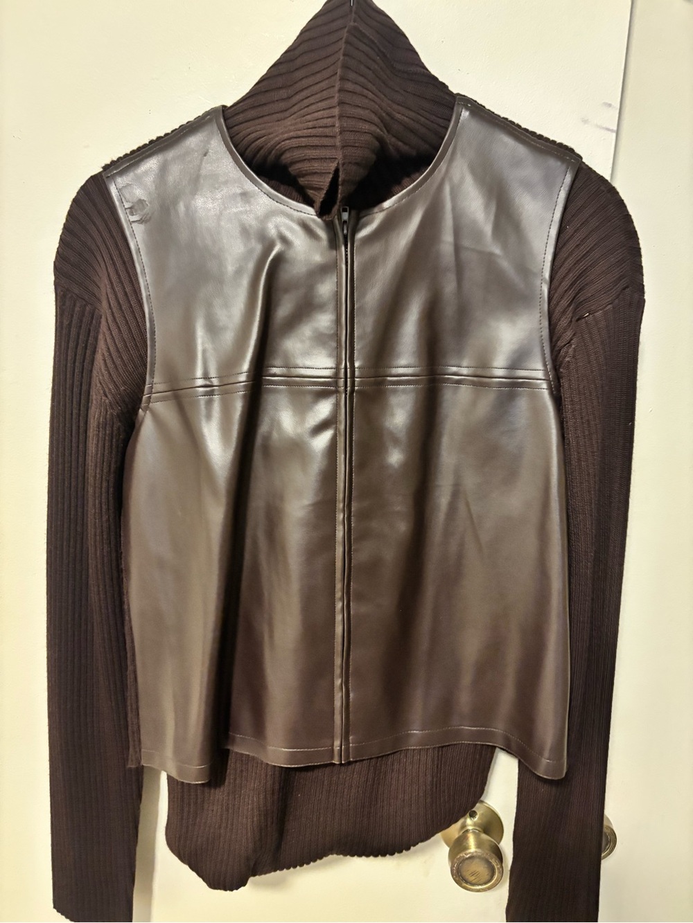 Nina Leonard Dark Brown Leather-Front Knit Jacket